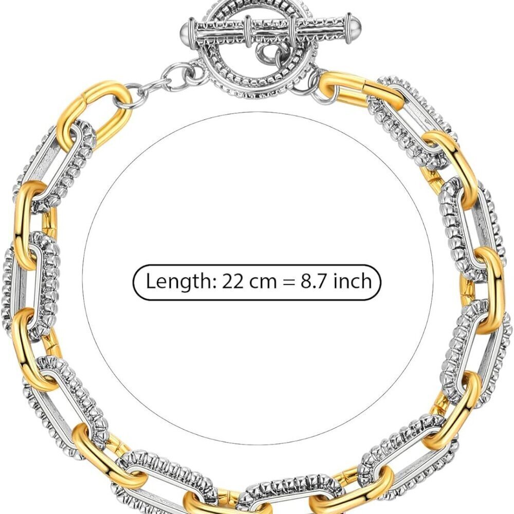 Link Bracelet for Women Gold Silver Two-Tone Circles Chain Bangle - Picture 4 of 6